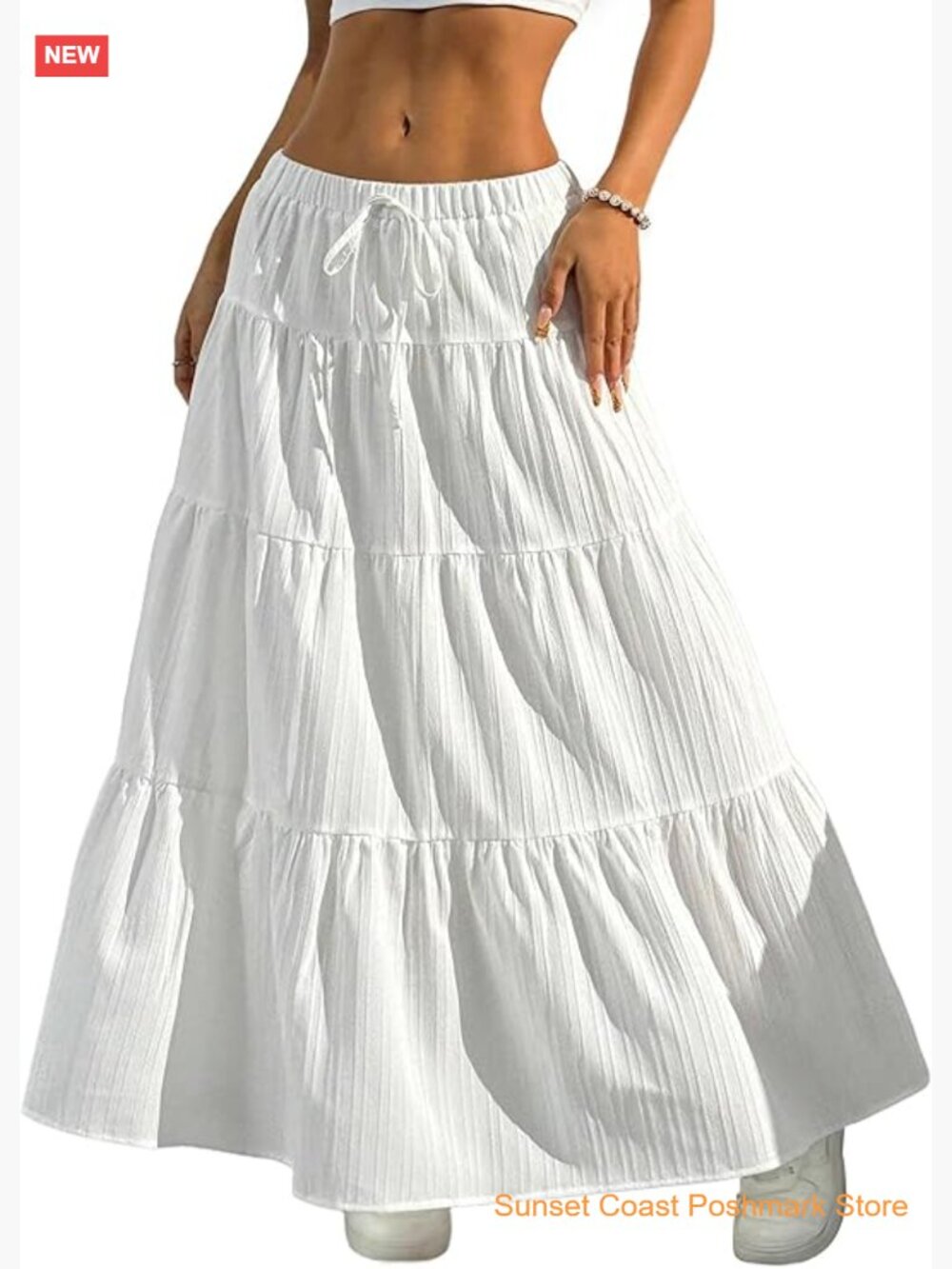 Flowy White Maxi Skirt with Ruffle Hem and Elastic Waist